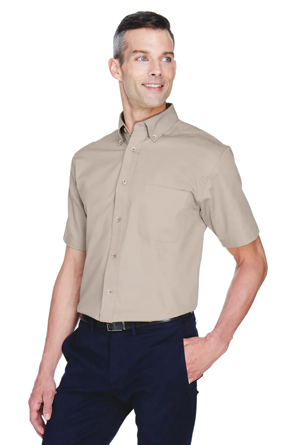 Harriton Mens Wrinkle Resistant Short Sleeve Button Down Shirt w/ Pocket - Stone - Closeout
