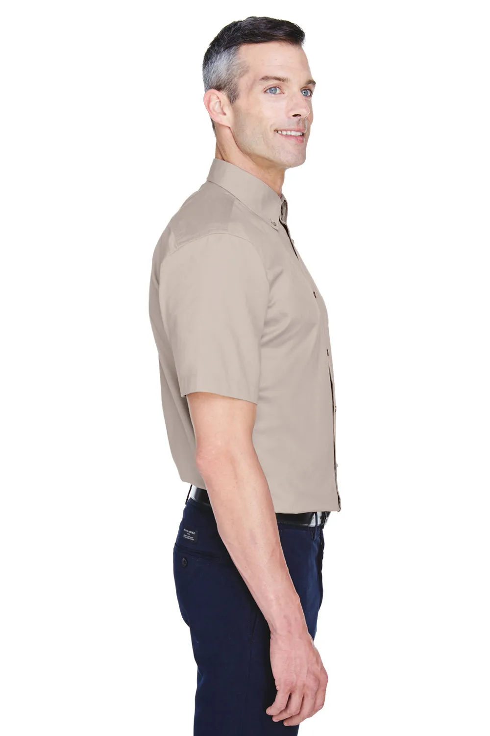 Harriton Mens Wrinkle Resistant Short Sleeve Button Down Shirt w/ Pocket - Stone - Closeout