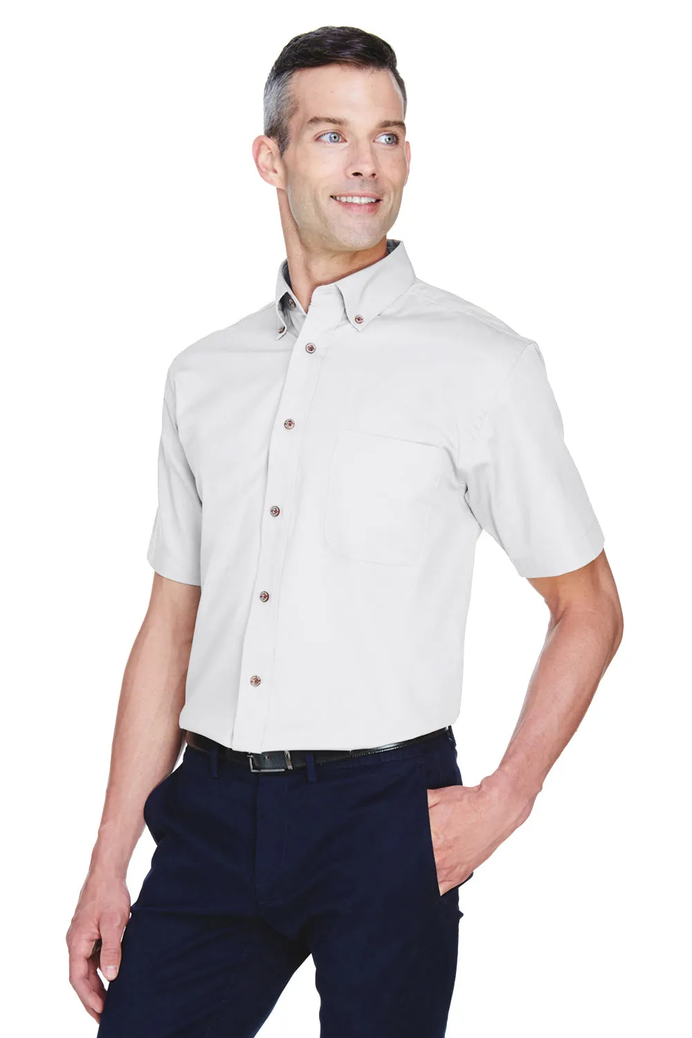 Harriton Mens Wrinkle Resistant Short Sleeve Button Down Shirt w/ Pocket - White