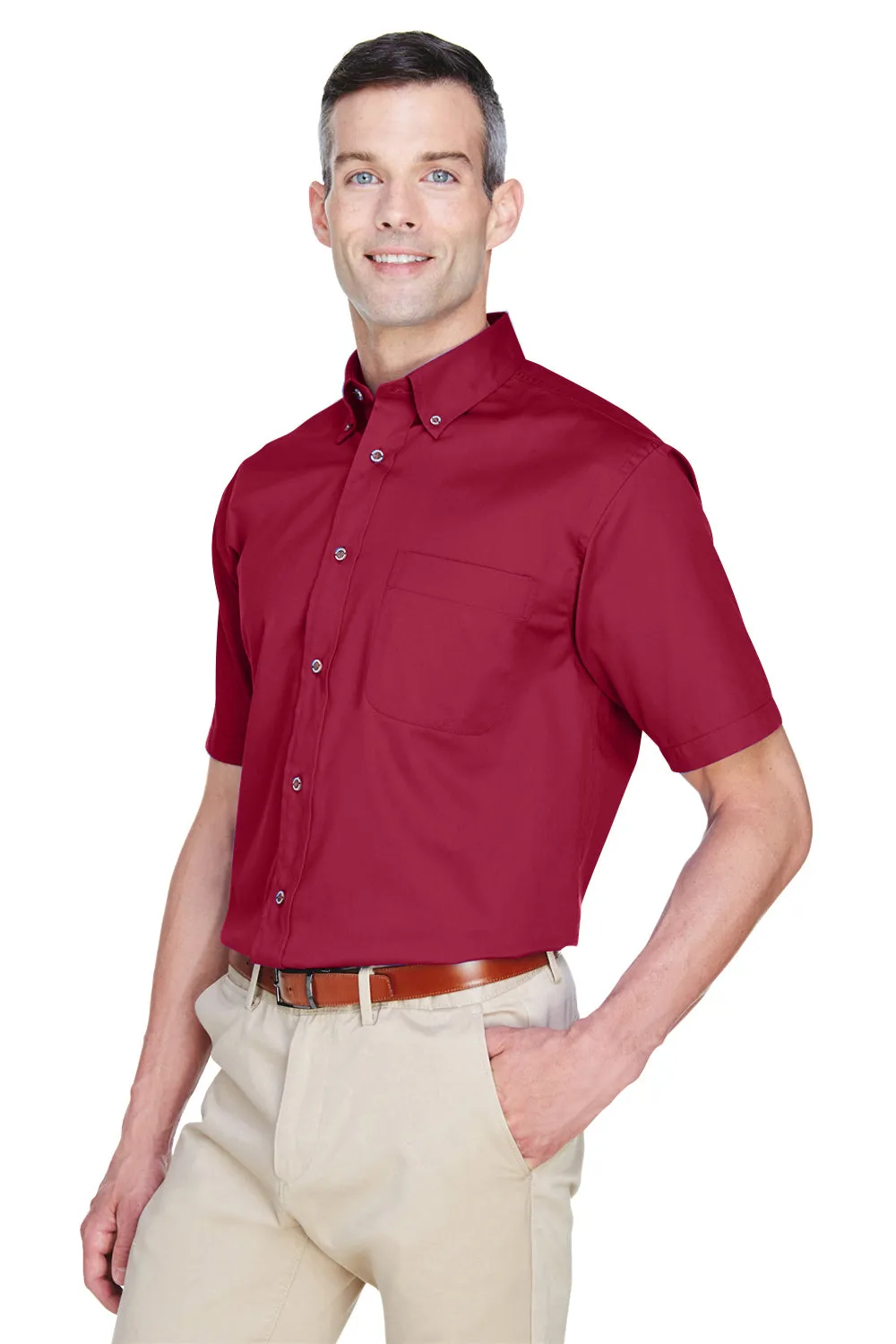 Harriton Mens Wrinkle Resistant Short Sleeve Button Down Shirt w/ Pocket - Wine