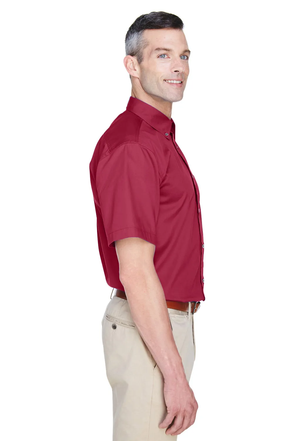 Harriton Mens Wrinkle Resistant Short Sleeve Button Down Shirt w/ Pocket - Wine