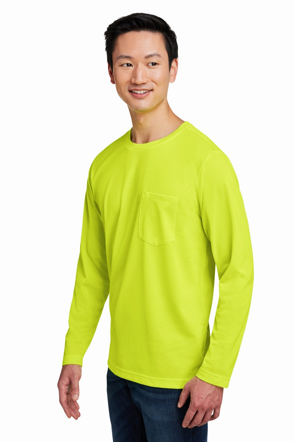 Harriton Mens Charge Moisture Wicking Long Sleeve Crewneck T-Shirt w/ Pocket - Safety Yellow