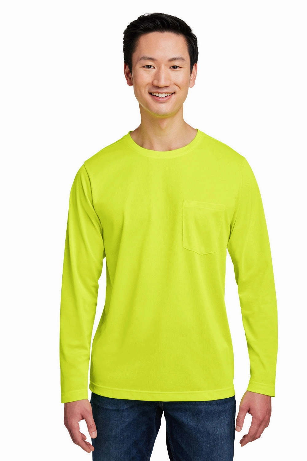 Harriton Mens Charge Moisture Wicking Long Sleeve Crewneck T-Shirt w/ Pocket - Safety Yellow