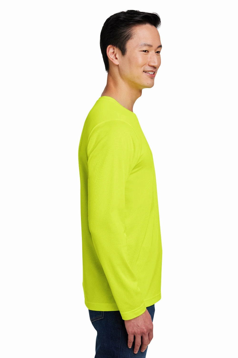 Harriton Mens Charge Moisture Wicking Long Sleeve Crewneck T-Shirt w/ Pocket - Safety Yellow