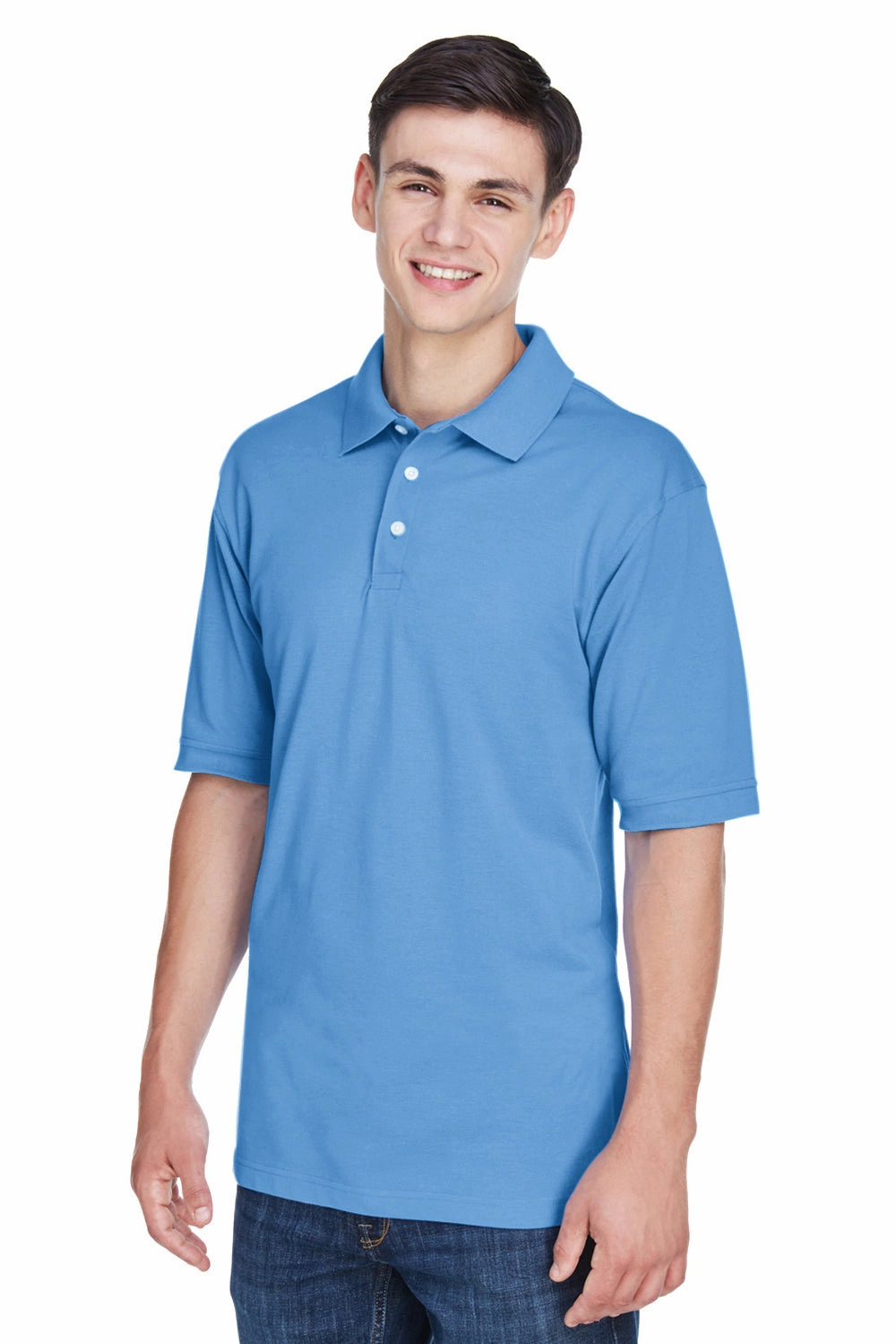 Harriton Mens Easy Blend Wrinkle Resistant Short Sleeve Polo Shirt - Light College Blue