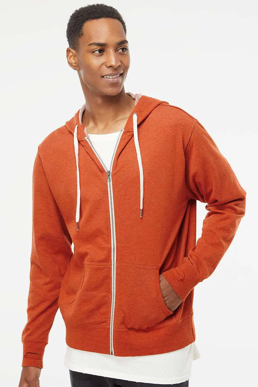 Independent Trading Company Mens French Terry Full Zip Hooded Sweatshirt Hoodie w/ Pockets - Heather Burnt Orange - Closeout