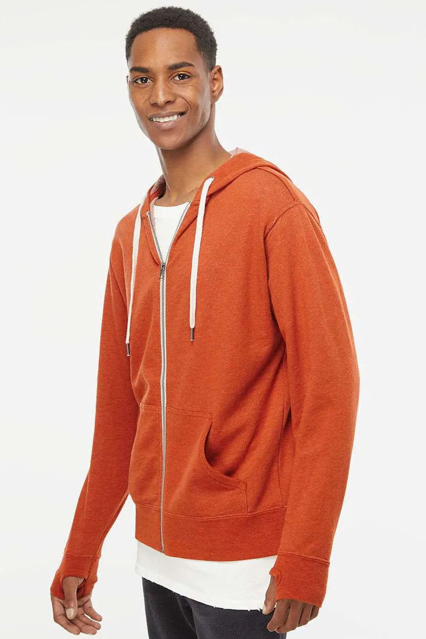 Independent Trading Company Mens French Terry Full Zip Hooded Sweatshirt Hoodie w/ Pockets - Heather Burnt Orange - Closeout
