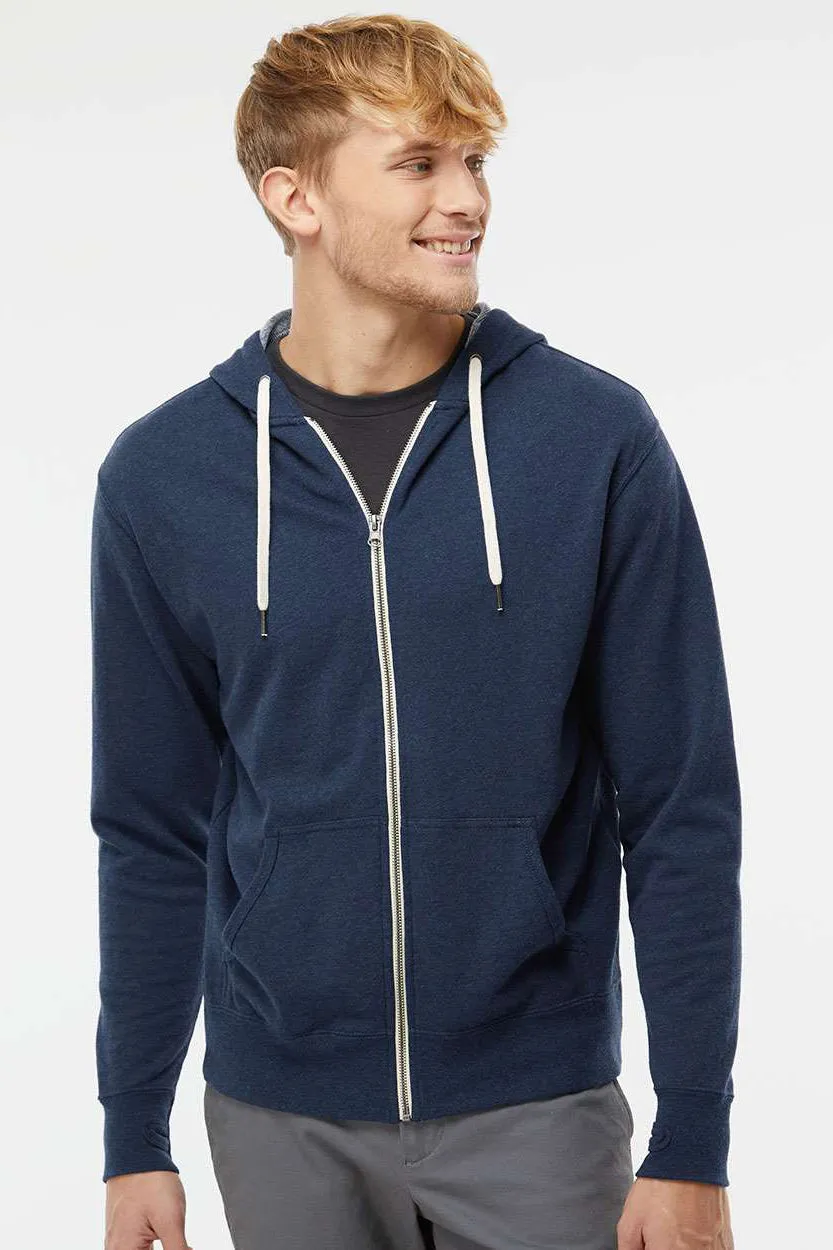 Independent Trading Company Mens French Terry Full Zip Hooded Sweatshirt Hoodie w/ Pockets - Heather Navy Blue