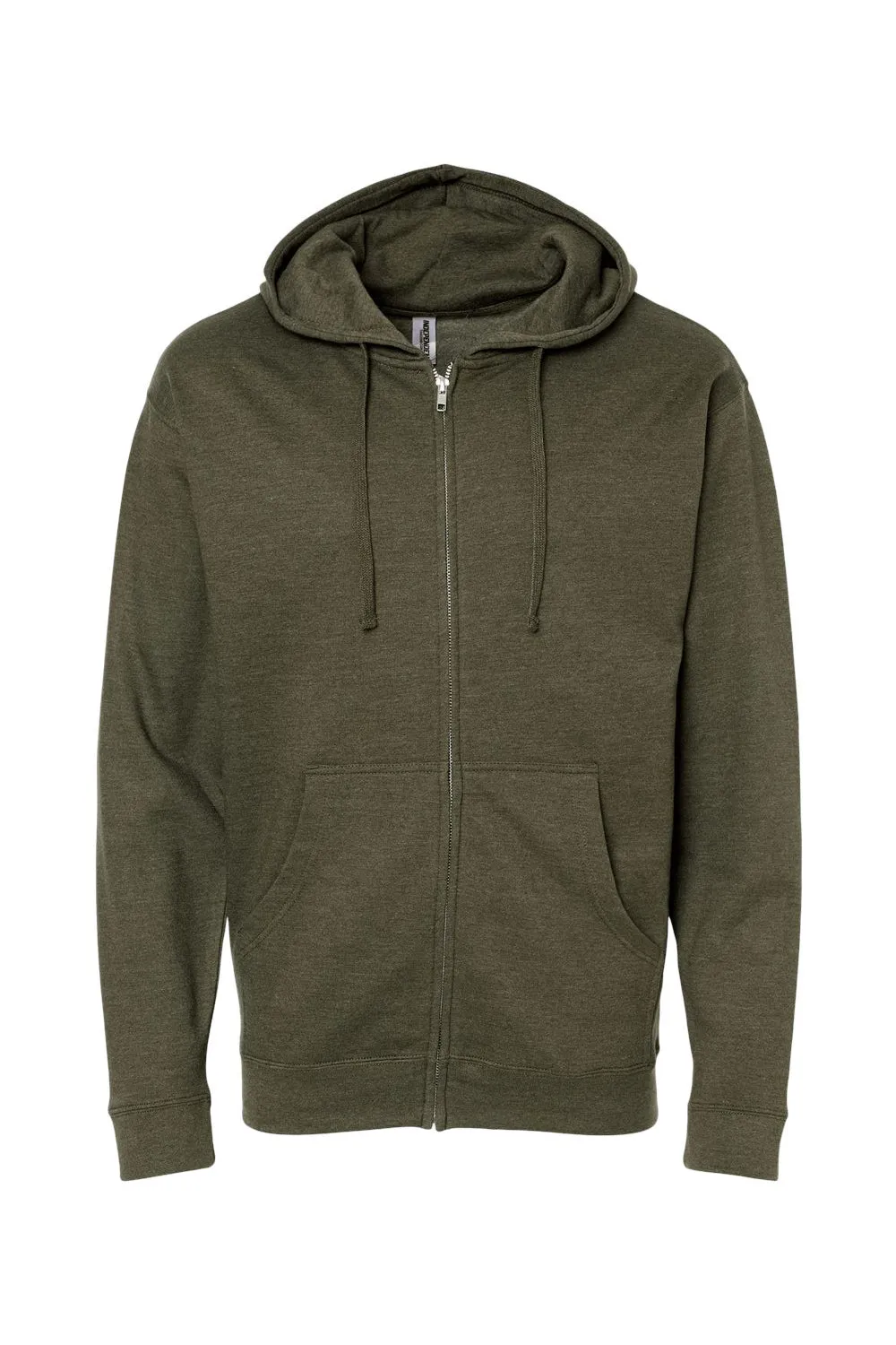 Independent Trading Company Mens Full Zip Hooded Sweatshirt Hoodie w/ Pockets - Heather Army Green