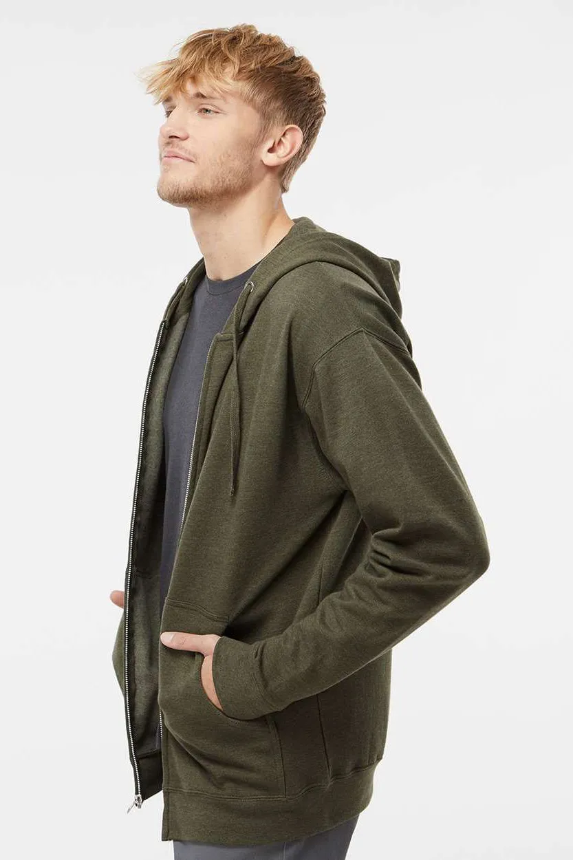 Independent Trading Company Mens Full Zip Hooded Sweatshirt Hoodie w/ Pockets - Heather Army Green