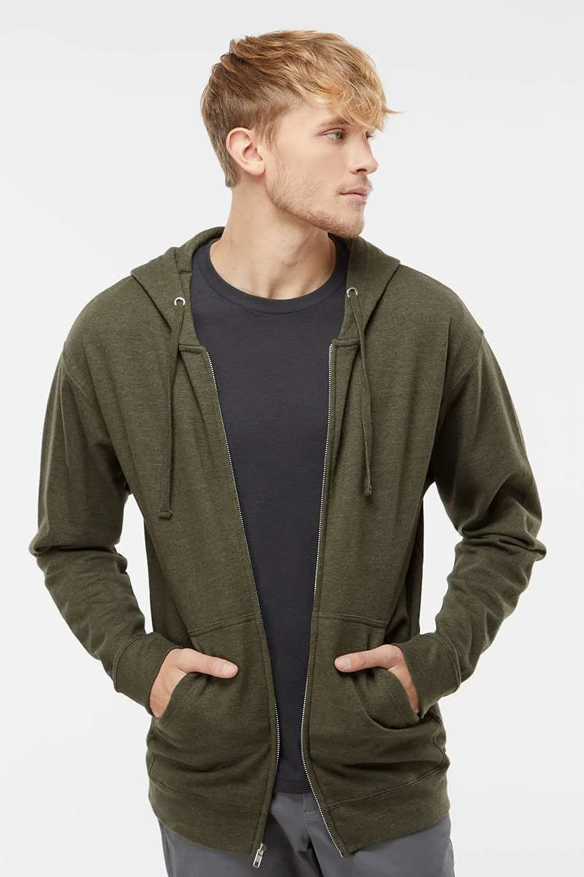 Independent Trading Company Mens Full Zip Hooded Sweatshirt Hoodie w/ Pockets - Heather Army Green
