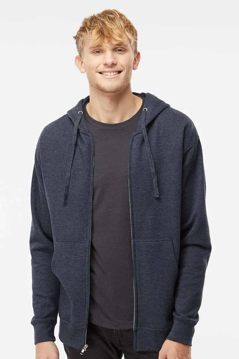 Independent Trading Company Mens Full Zip Hooded Sweatshirt Hoodie w/ Pockets - Heather Classic Navy Blue