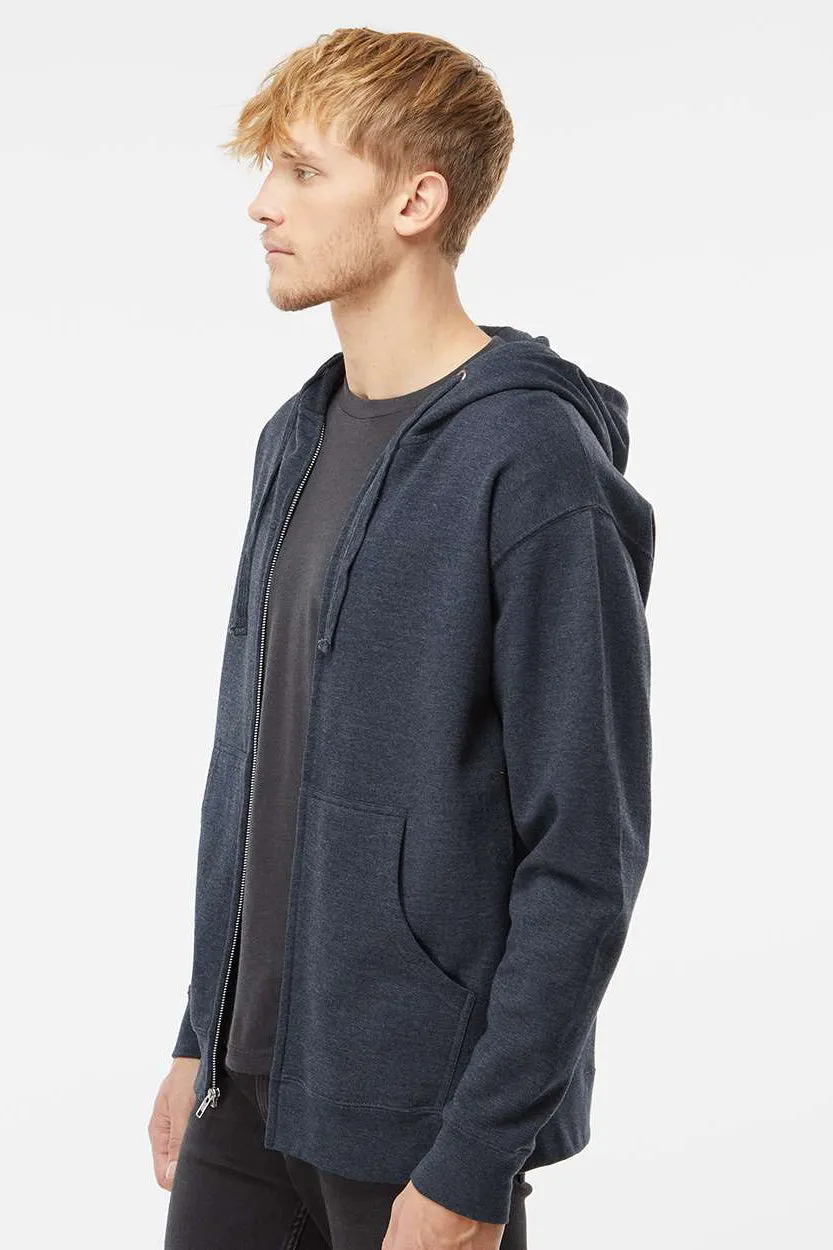 Independent Trading Company Mens Full Zip Hooded Sweatshirt Hoodie w/ Pockets - Heather Classic Navy Blue