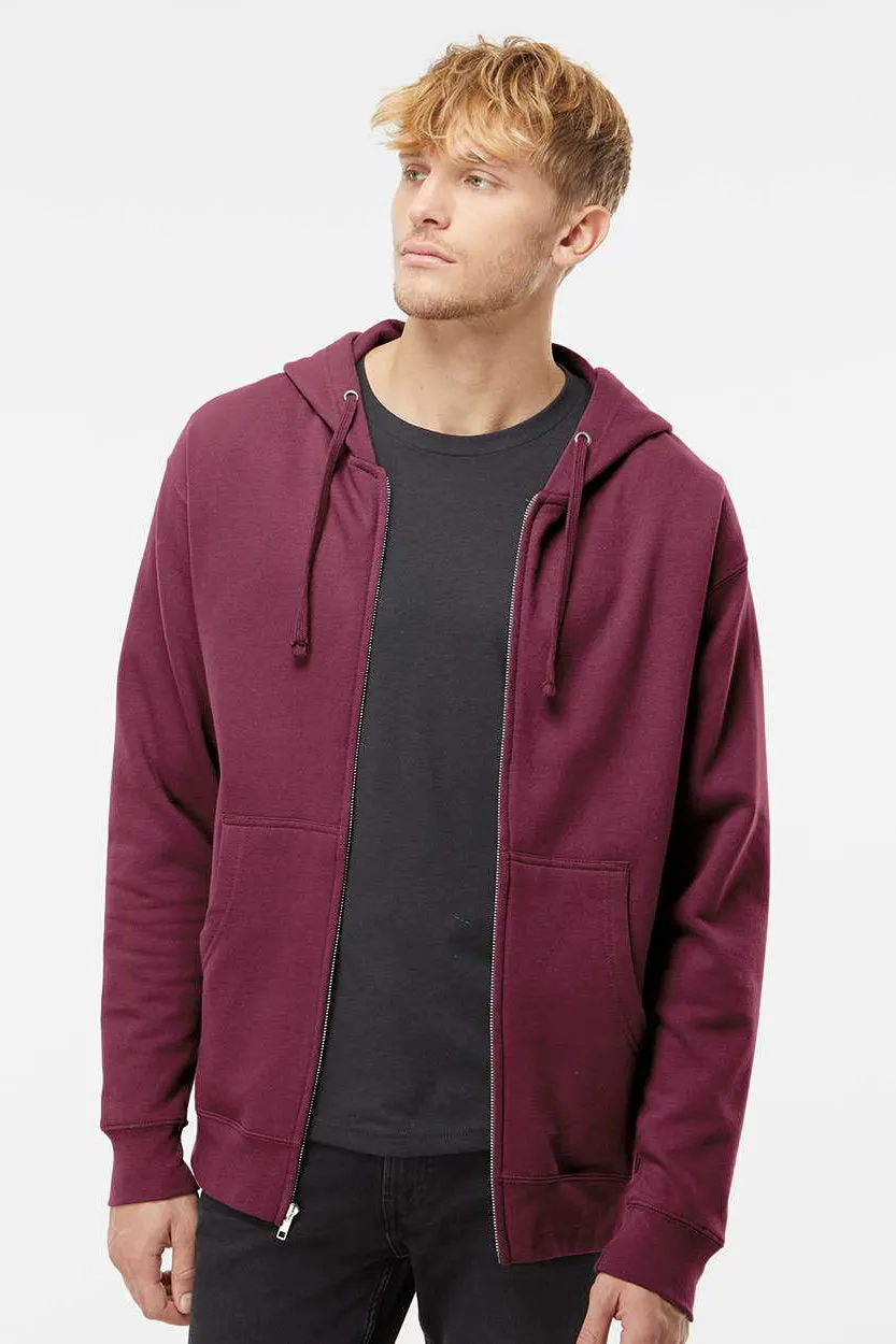 Independent Trading Company Mens Full Zip Hooded Sweatshirt Hoodie w/ Pockets - Maroon