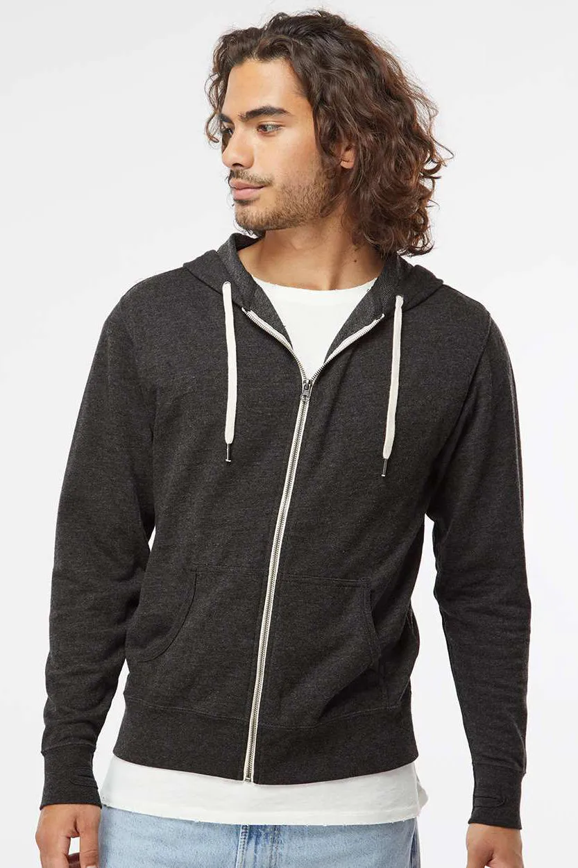Independent Trading Company Mens Icon Loopback Terry Full Zip Hooded Sweatshirt Hoodie w/ Pockets - Heather Charcoal Grey