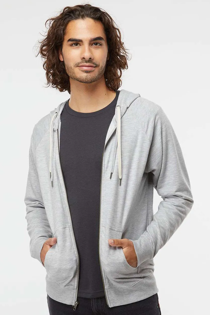 Independent Trading Company Mens Icon Loopback Terry Full Zip Hooded Sweatshirt Hoodie w/ Pockets - Heather Grey