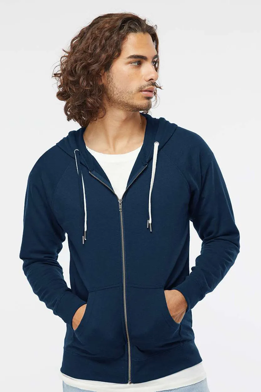 Independent Trading Company Mens Icon Loopback Terry Full Zip Hooded Sweatshirt Hoodie w/ Pockets - Indigo Blue
