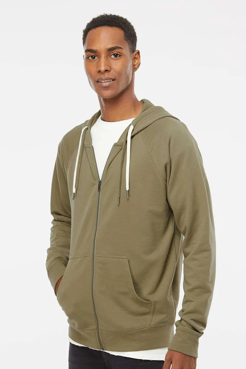 Independent Trading Company Mens Icon Loopback Terry Full Zip Hooded Sweatshirt Hoodie w/ Pockets - Olive Green