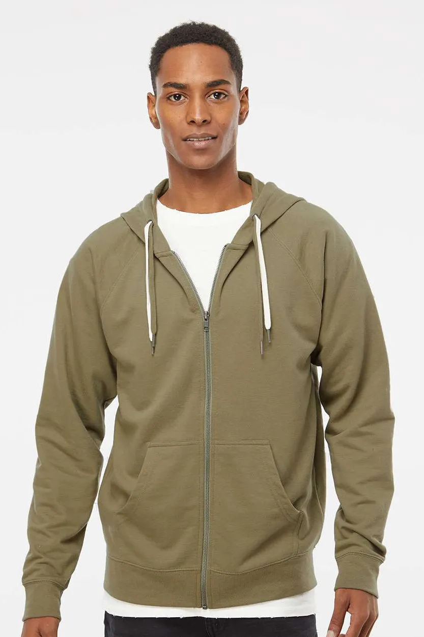 Independent Trading Company Mens Icon Loopback Terry Full Zip Hooded Sweatshirt Hoodie w/ Pockets - Olive Green