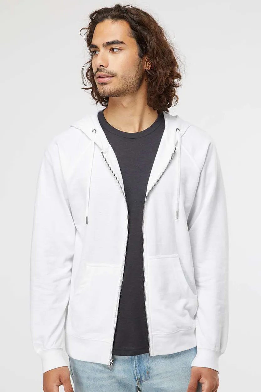 Independent Trading Company Mens Icon Loopback Terry Full Zip Hooded Sweatshirt Hoodie w/ Pockets - White