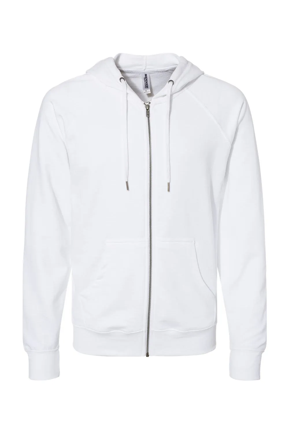 Independent Trading Company Mens Icon Loopback Terry Full Zip Hooded Sweatshirt Hoodie w/ Pockets - White