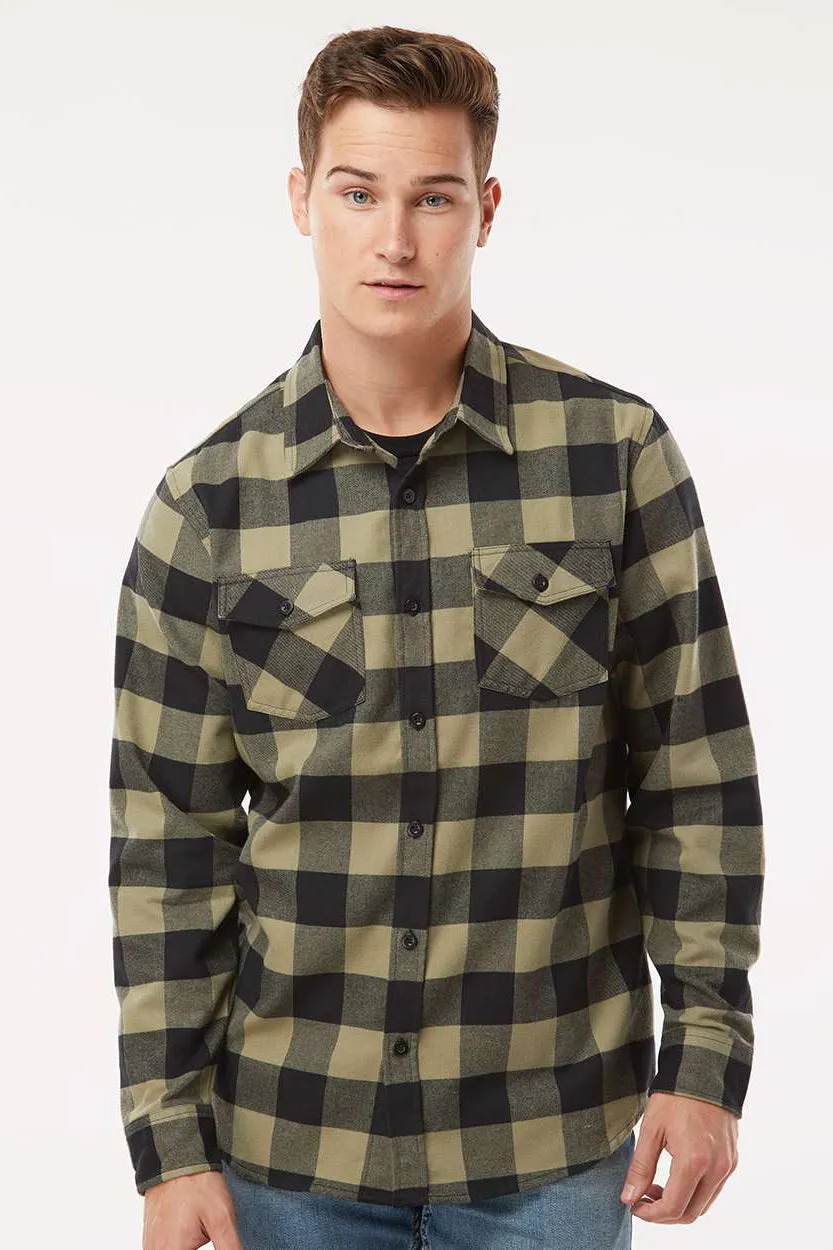 Independent Trading Company Mens Long Sleeve Button Down Flannel Shirt w/ Double Pockets - Olive Green/Black