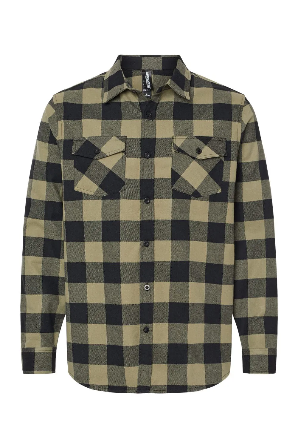 Independent Trading Company Mens Long Sleeve Button Down Flannel Shirt w/ Double Pockets - Olive Green/Black