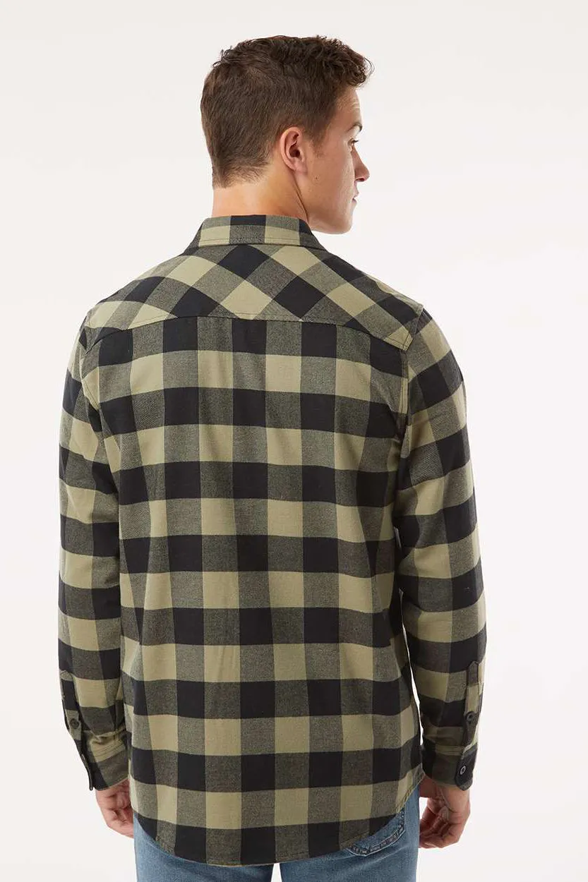 Independent Trading Company Mens Long Sleeve Button Down Flannel Shirt w/ Double Pockets - Olive Green/Black