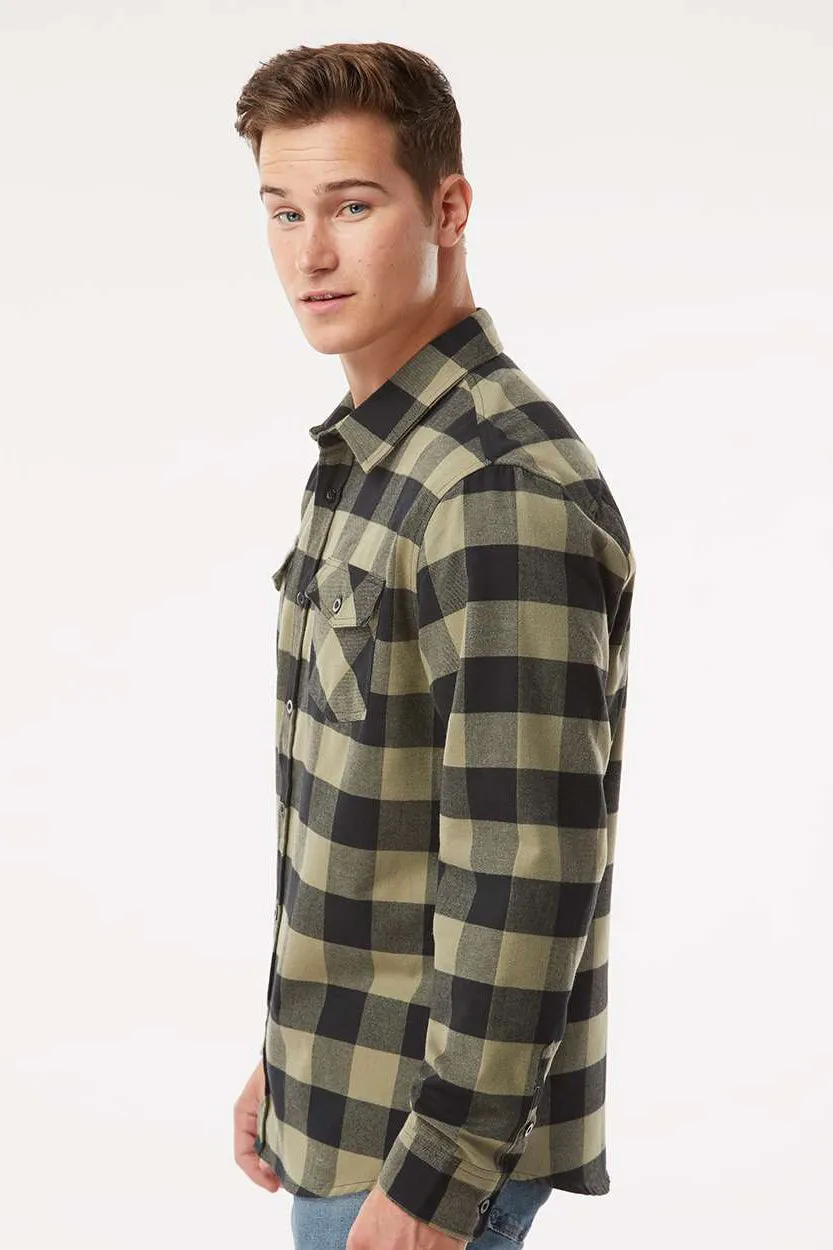 Independent Trading Company Mens Long Sleeve Button Down Flannel Shirt w/ Double Pockets - Olive Green/Black