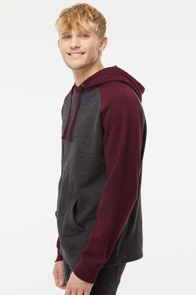 Independent Trading Company Mens Raglan Hooded Sweatshirt Hoodie w/ Pouch Pockets - Heather Charcoal Grey/Heather Burgundy