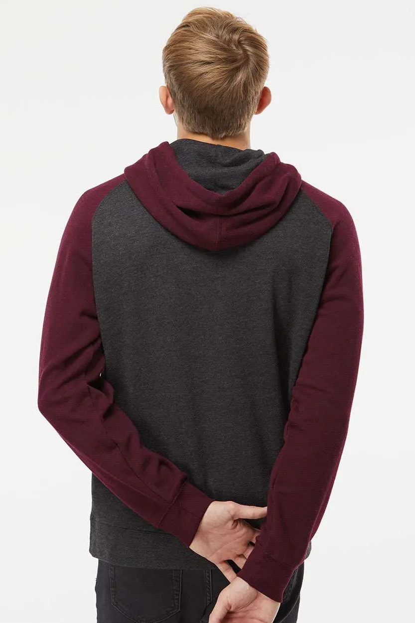 Independent Trading Company Mens Raglan Hooded Sweatshirt Hoodie w/ Pouch Pockets - Heather Charcoal Grey/Heather Burgundy