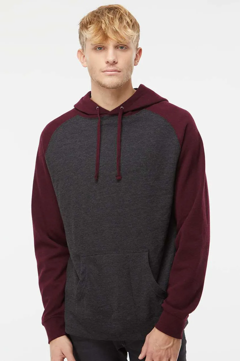 Independent Trading Company Mens Raglan Hooded Sweatshirt Hoodie w/ Pouch Pockets - Heather Charcoal Grey/Heather Burgundy