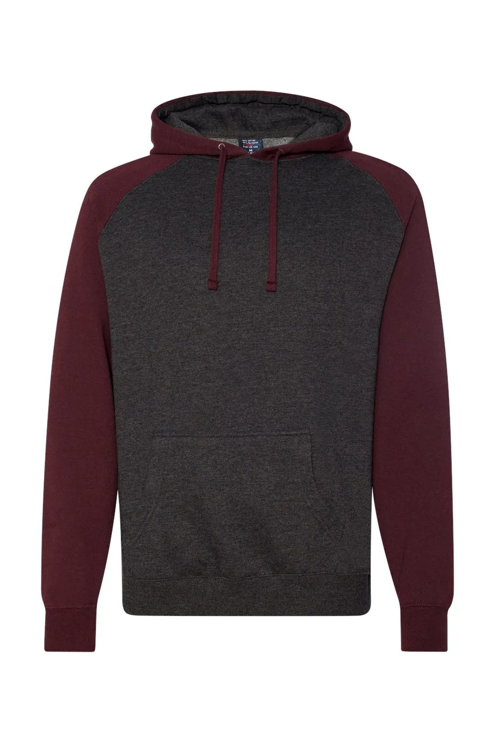 Independent Trading Company Mens Raglan Hooded Sweatshirt Hoodie w/ Pouch Pockets - Heather Charcoal Grey/Heather Burgundy
