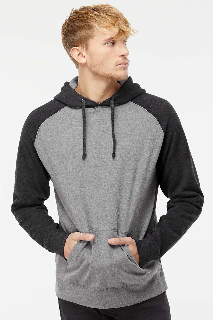 Independent Trading Company Mens Raglan Hooded Sweatshirt Hoodie w/ Pouch Pockets - Heather Gunmetal Grey/Heather Charcoal Grey