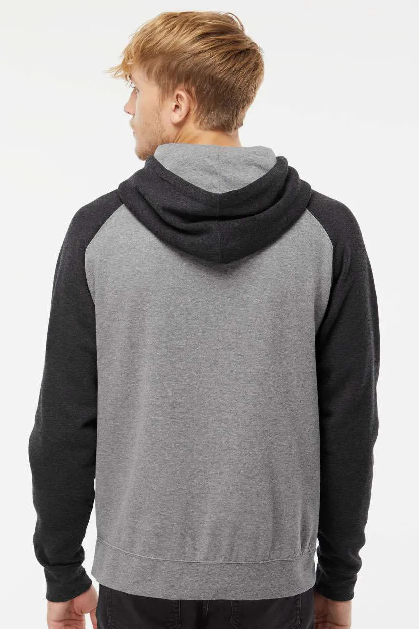 Independent Trading Company Mens Raglan Hooded Sweatshirt Hoodie w/ Pouch Pockets - Heather Gunmetal Grey/Heather Charcoal Grey