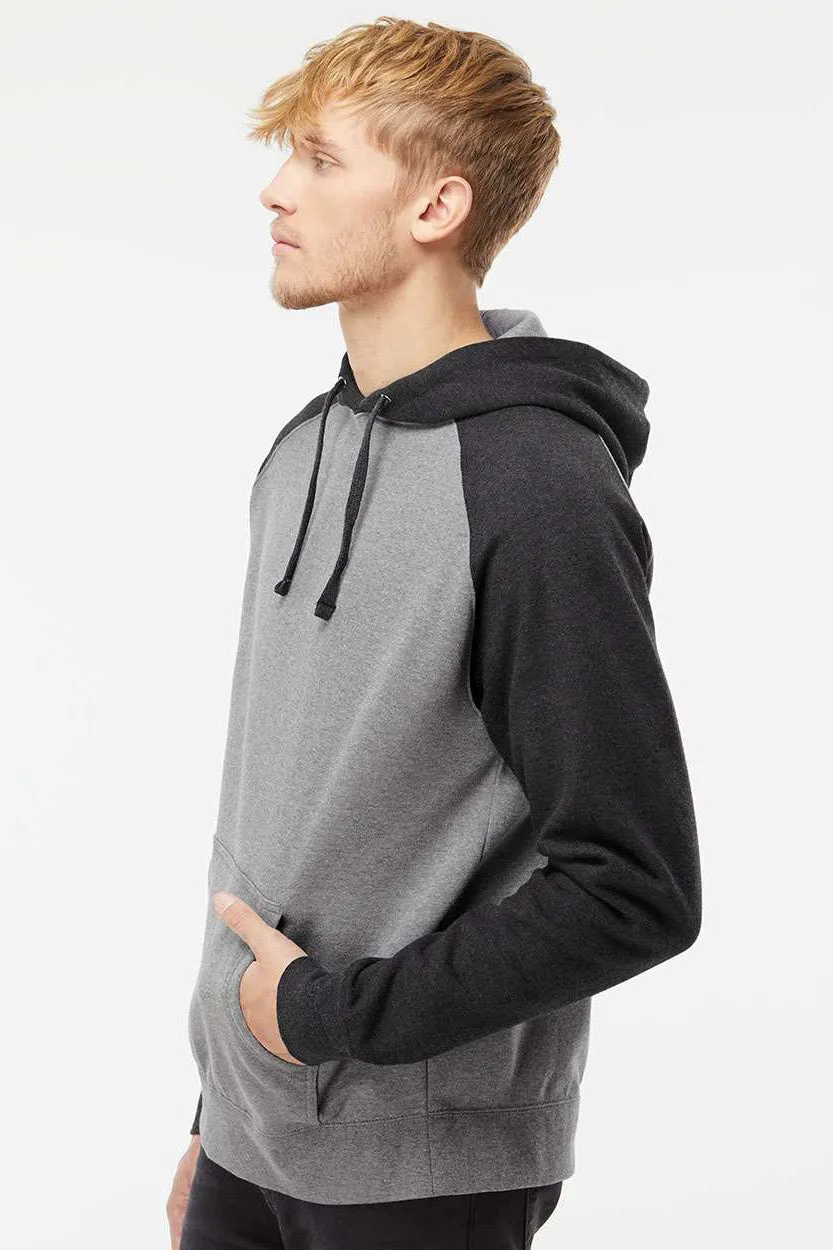 Independent Trading Company Mens Raglan Hooded Sweatshirt Hoodie w/ Pouch Pockets - Heather Gunmetal Grey/Heather Charcoal Grey