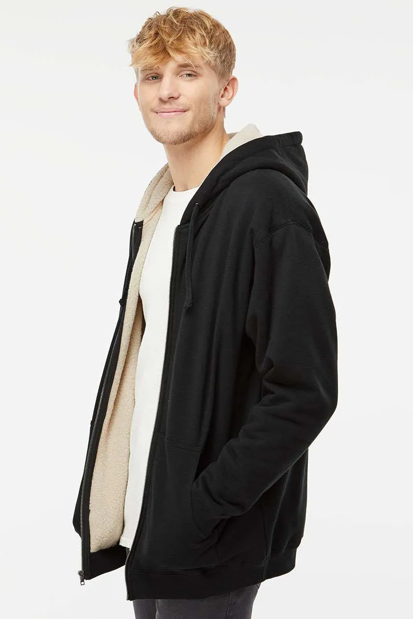 Independent Trading Company Mens Sherpa Lined Full Zip Hooded Sweatshirt Hoodie w/ Pockets - Black/Natural