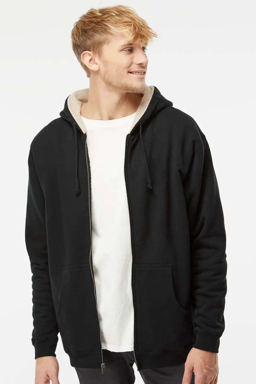Independent Trading Company Mens Sherpa Lined Full Zip Hooded Sweatshirt Hoodie w/ Pockets - Black/Natural
