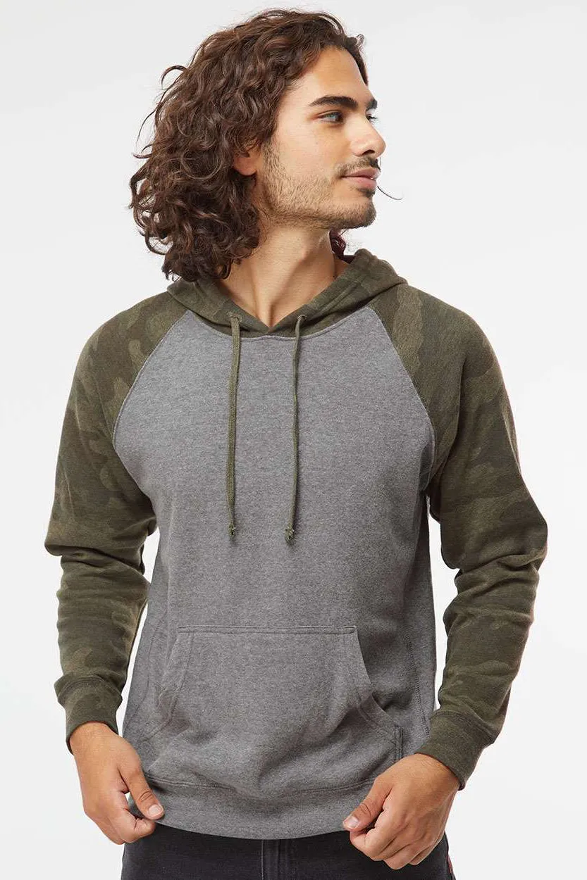 Independent Trading Company Mens Special Blend Raglan Hooded Sweatshirt Hoodie w/ Pouch Pocket - Heather Nickel Grey/Forest Green Camo