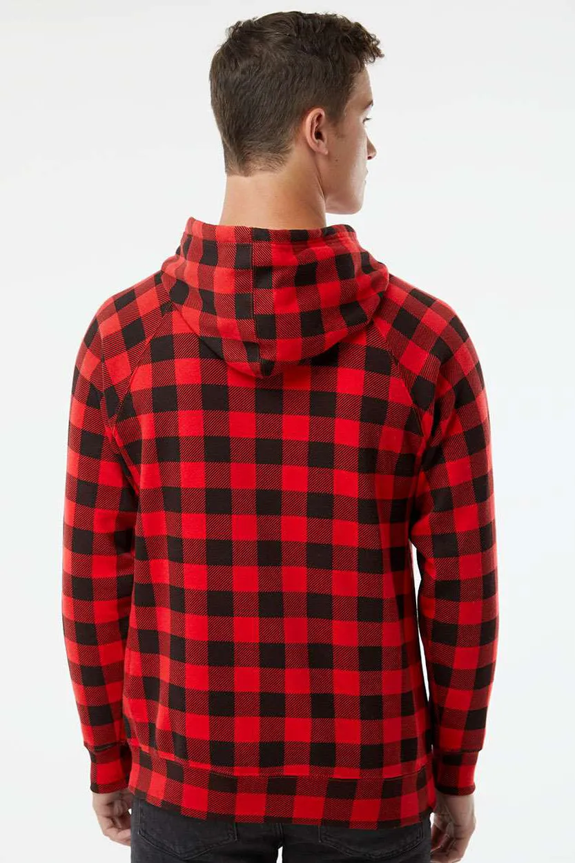 Independent Trading Company Mens Special Blend Raglan Hooded Sweatshirt Hoodie w/ Pouch Pocket - Red Buffalo Plaid