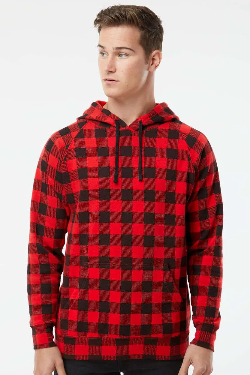 Independent Trading Company Mens Special Blend Raglan Hooded Sweatshirt Hoodie w/ Pouch Pocket - Red Buffalo Plaid