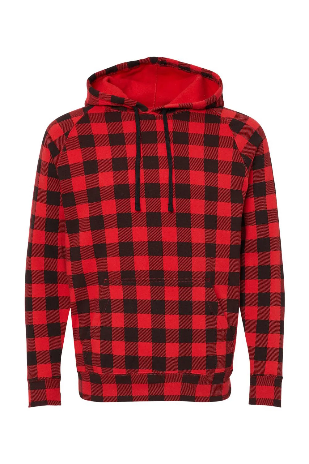 Independent Trading Company Mens Special Blend Raglan Hooded Sweatshirt Hoodie w/ Pouch Pocket - Red Buffalo Plaid