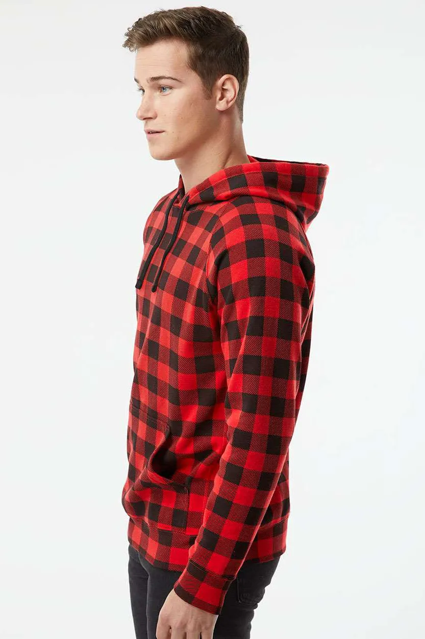Independent Trading Company Mens Special Blend Raglan Hooded Sweatshirt Hoodie w/ Pouch Pocket - Red Buffalo Plaid