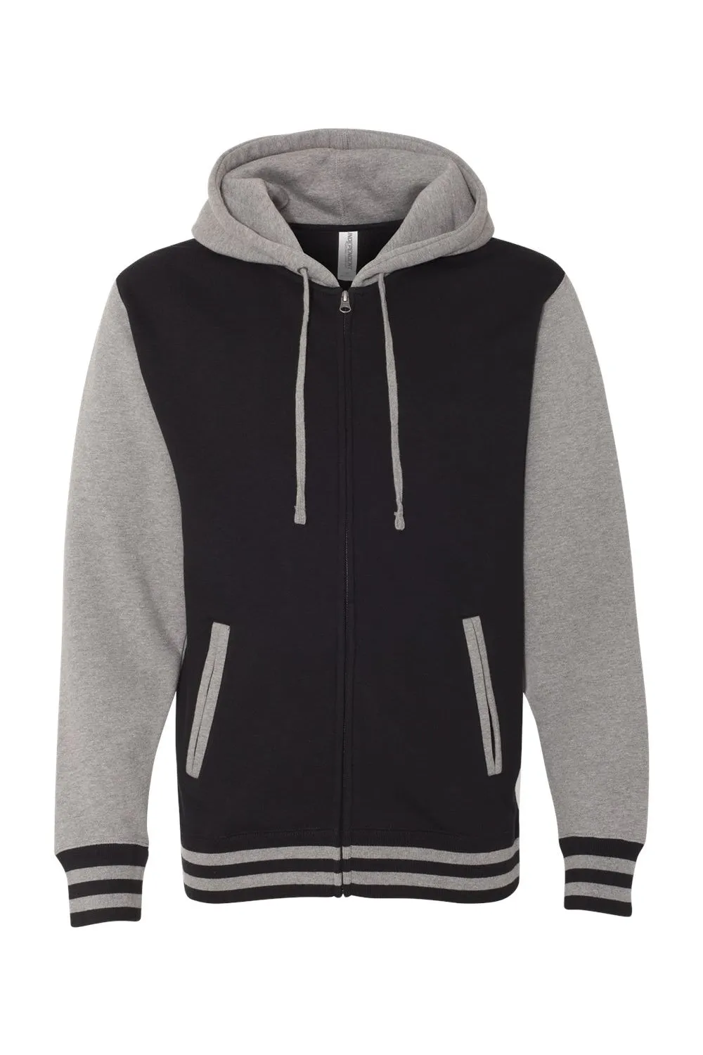 Independent Trading Company Mens Varsity Full Zip Hooded Sweatshirt Hoodie w/ Pockets - Black/Heather Gunmetal Grey