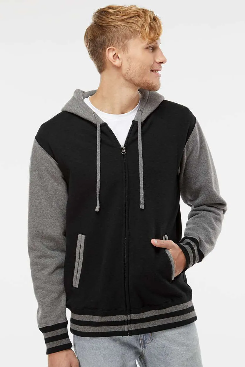 Independent Trading Company Mens Varsity Full Zip Hooded Sweatshirt Hoodie w/ Pockets - Black/Heather Gunmetal Grey