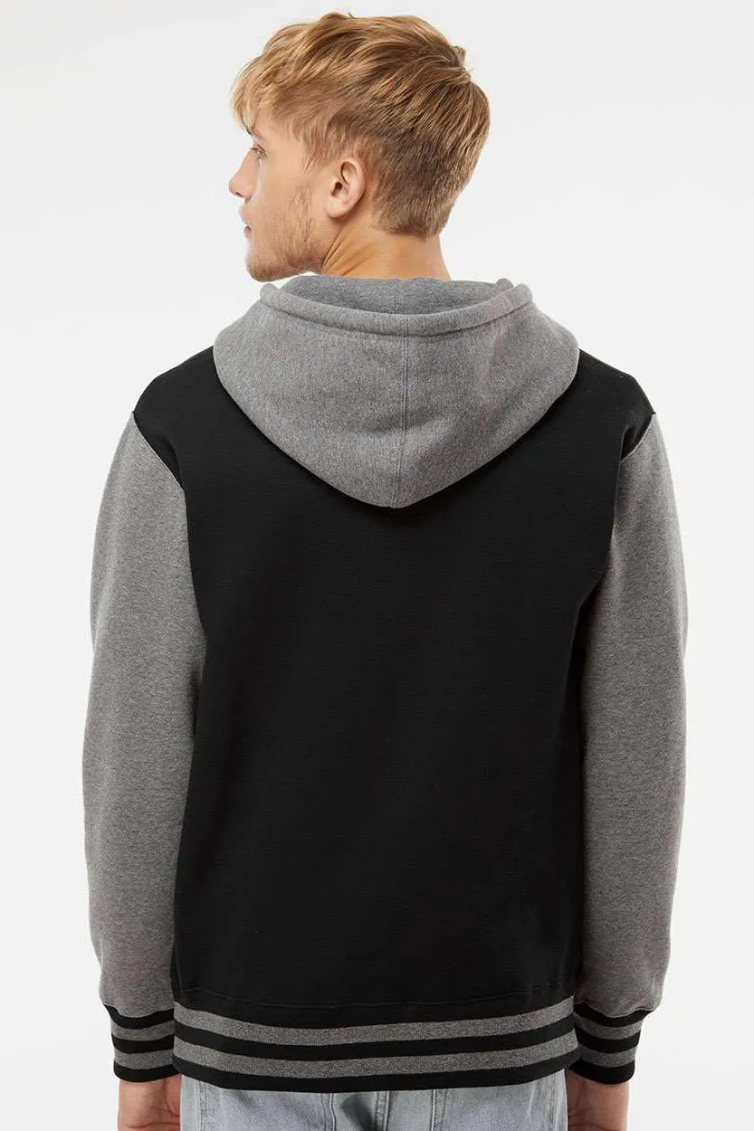 Independent Trading Company Mens Varsity Full Zip Hooded Sweatshirt Hoodie w/ Pockets - Black/Heather Gunmetal Grey