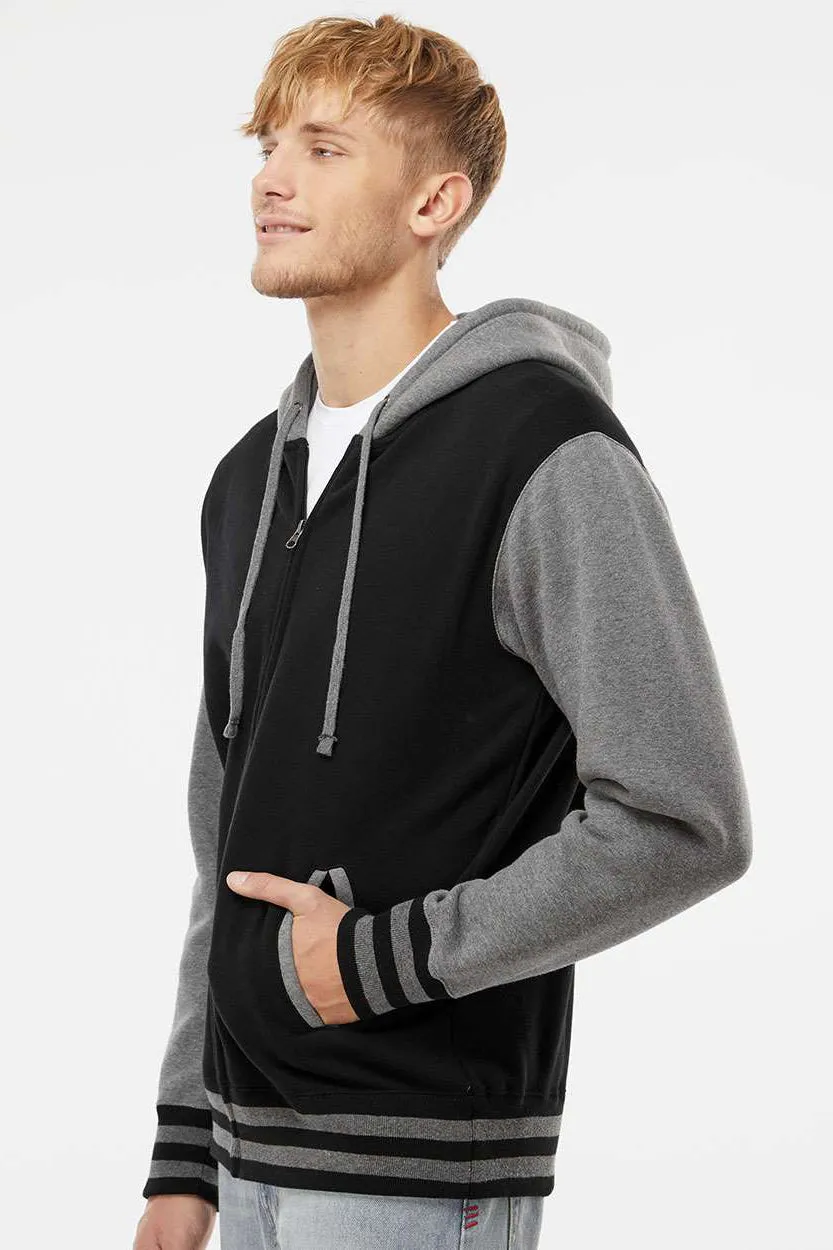 Independent Trading Company Mens Varsity Full Zip Hooded Sweatshirt Hoodie w/ Pockets - Black/Heather Gunmetal Grey