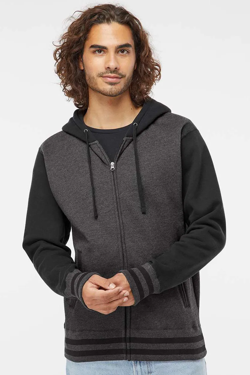 Independent Trading Company Mens Varsity Full Zip Hooded Sweatshirt Hoodie w/ Pockets - Heather Charcoal Grey/Black
