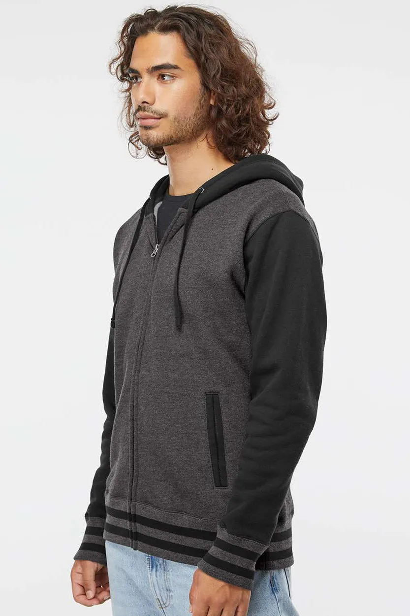 Independent Trading Company Mens Varsity Full Zip Hooded Sweatshirt Hoodie w/ Pockets - Heather Charcoal Grey/Black