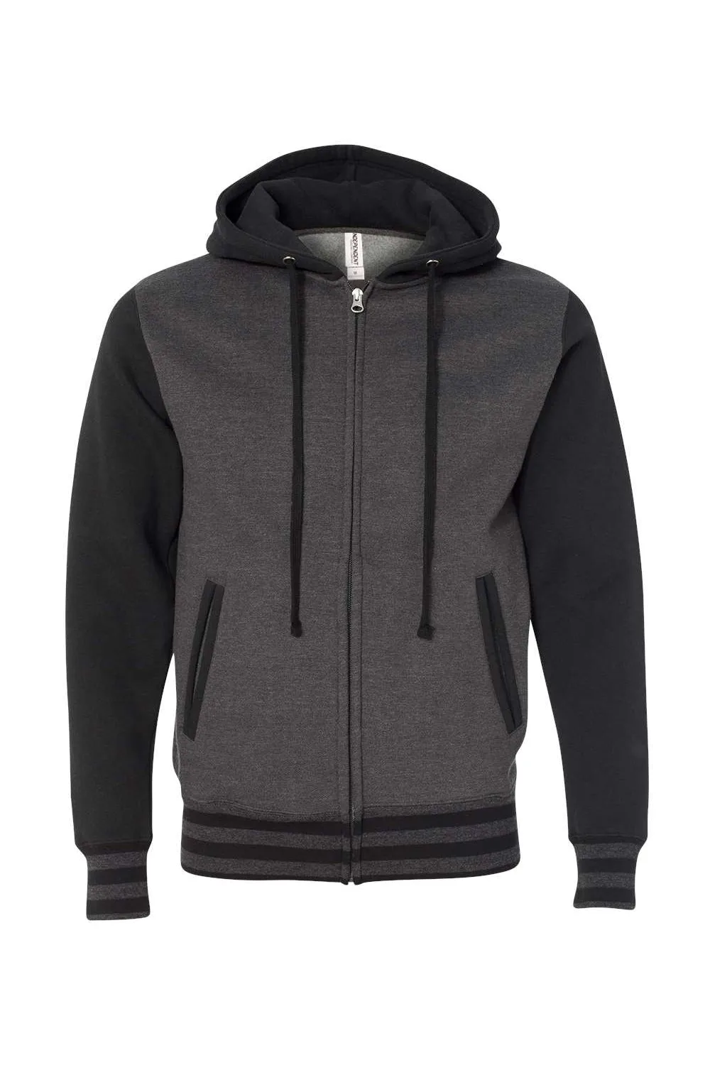 Independent Trading Company Mens Varsity Full Zip Hooded Sweatshirt Hoodie w/ Pockets - Heather Charcoal Grey/Black